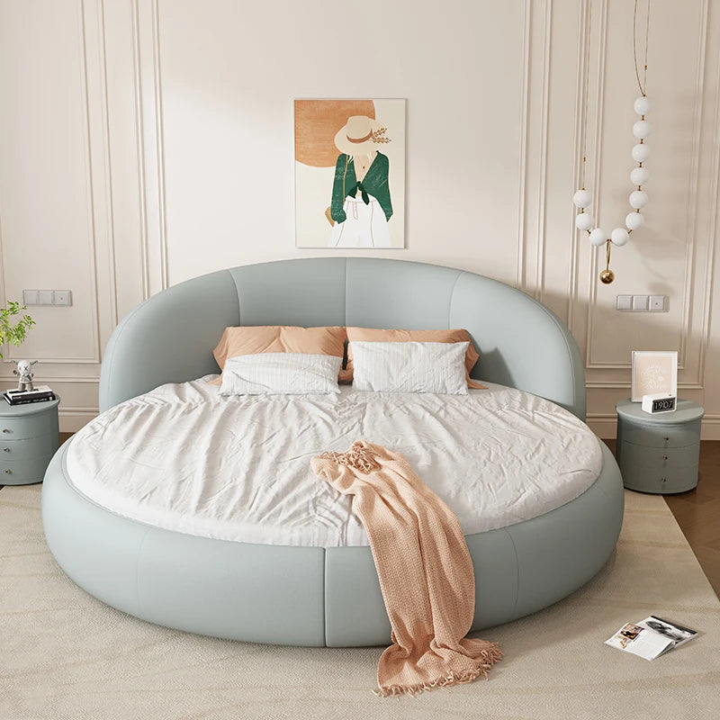 Round Leather Double Bed Luxury Aesthetics Bedroom Modern Simple Light Luxury Bed