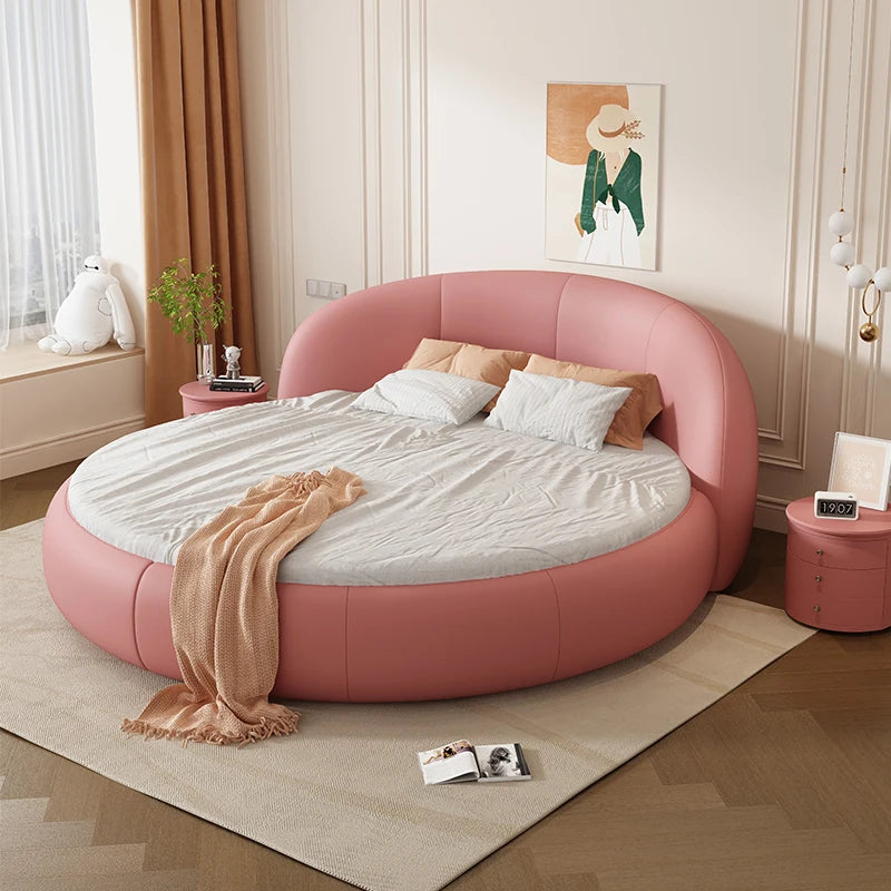 Round Leather Double Bed Luxury Aesthetics Bedroom Modern Simple Light Luxury Bed
