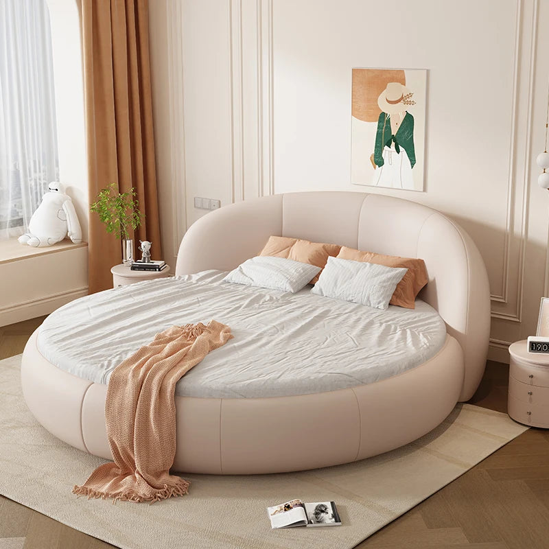 Round Leather Double Bed Luxury Aesthetics Bedroom Modern Simple Light Luxury Bed