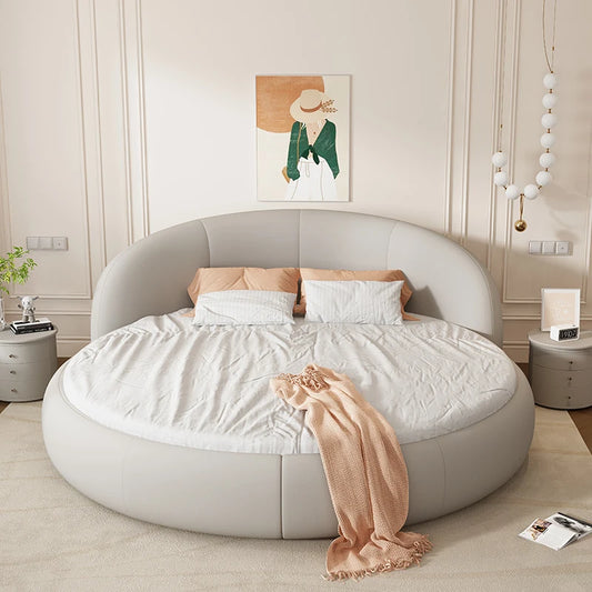 Round Leather Double Bed Luxury Aesthetics Bedroom Modern Simple Light Luxury Bed